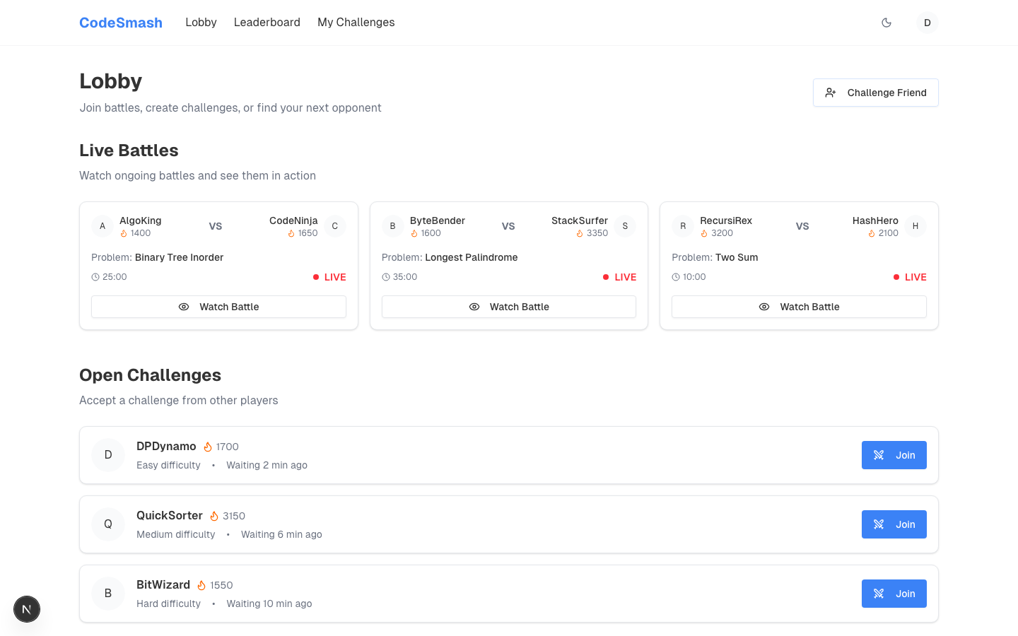 CodeSmash lobby with live battles and open challenges