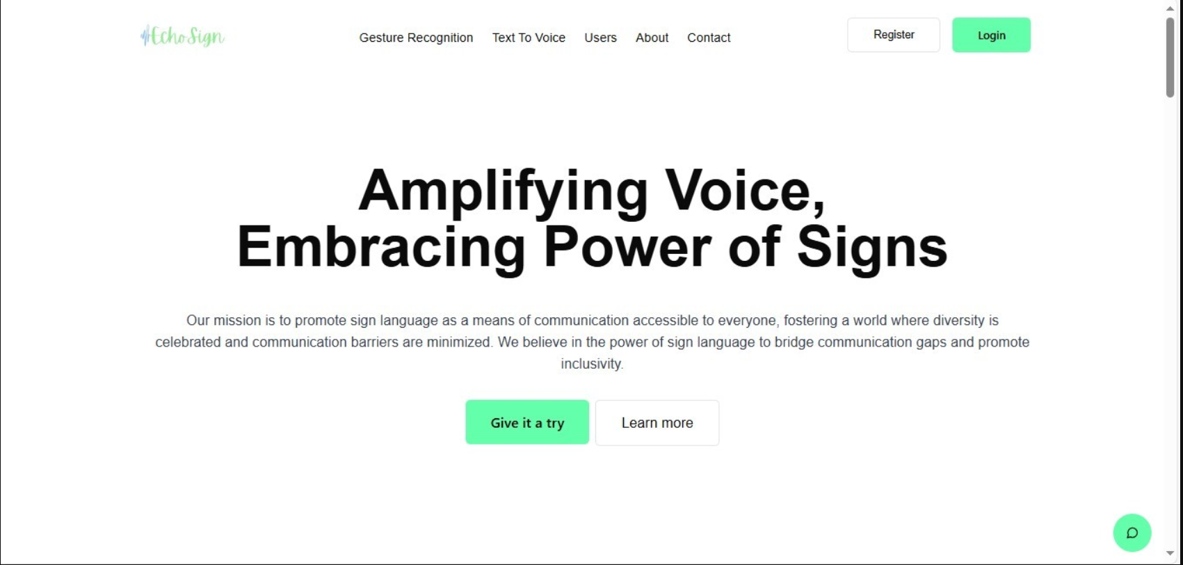EchoSign landing page: Amplifying Voice, Embracing Power of Signs