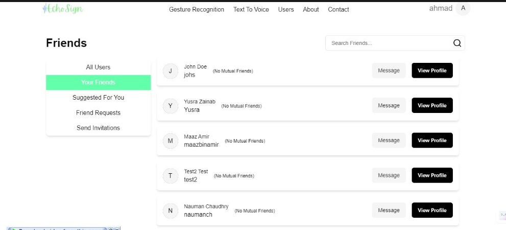 EchoSign friends directory with requests, suggestions, and invitations