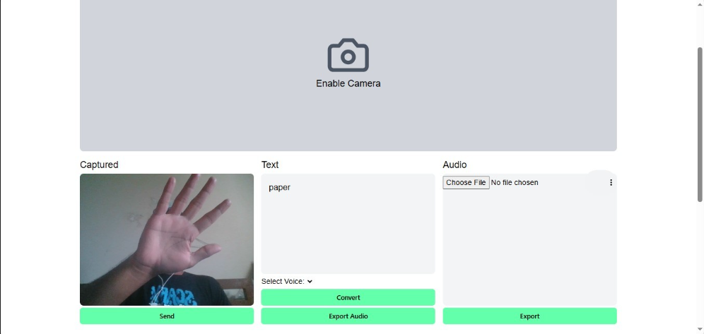 EchoSign gesture recognition: camera panel, captured frame, and recognised text
