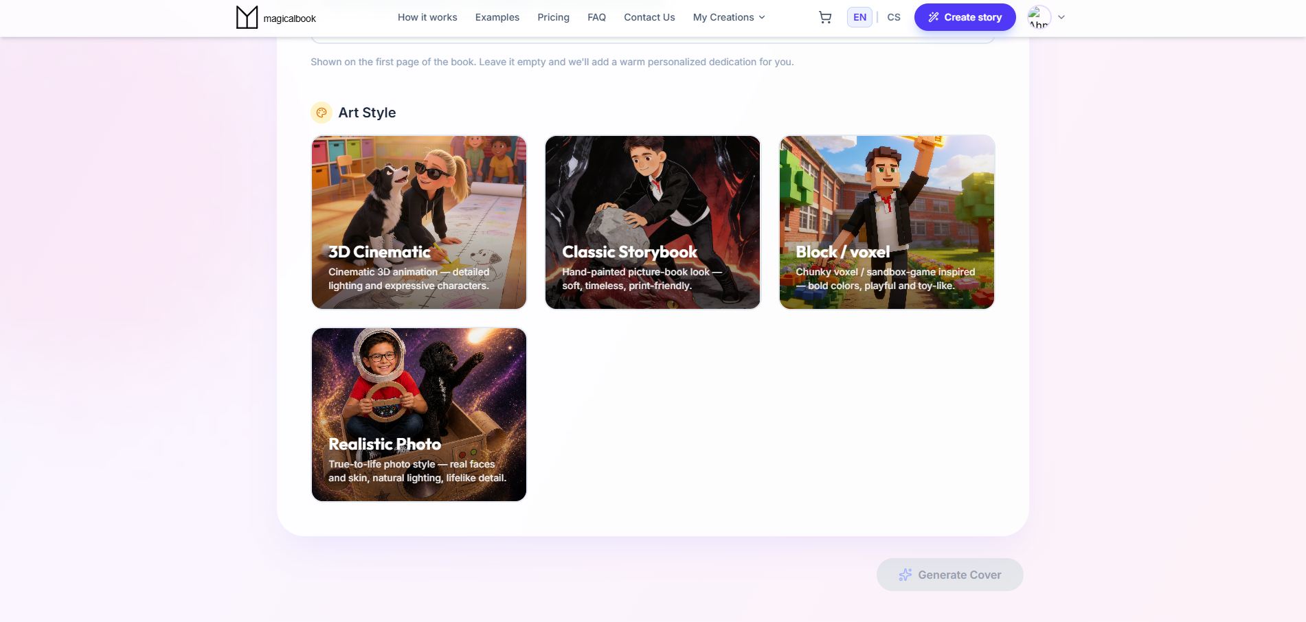 MagicalBook art style picker with rendered samples for each style