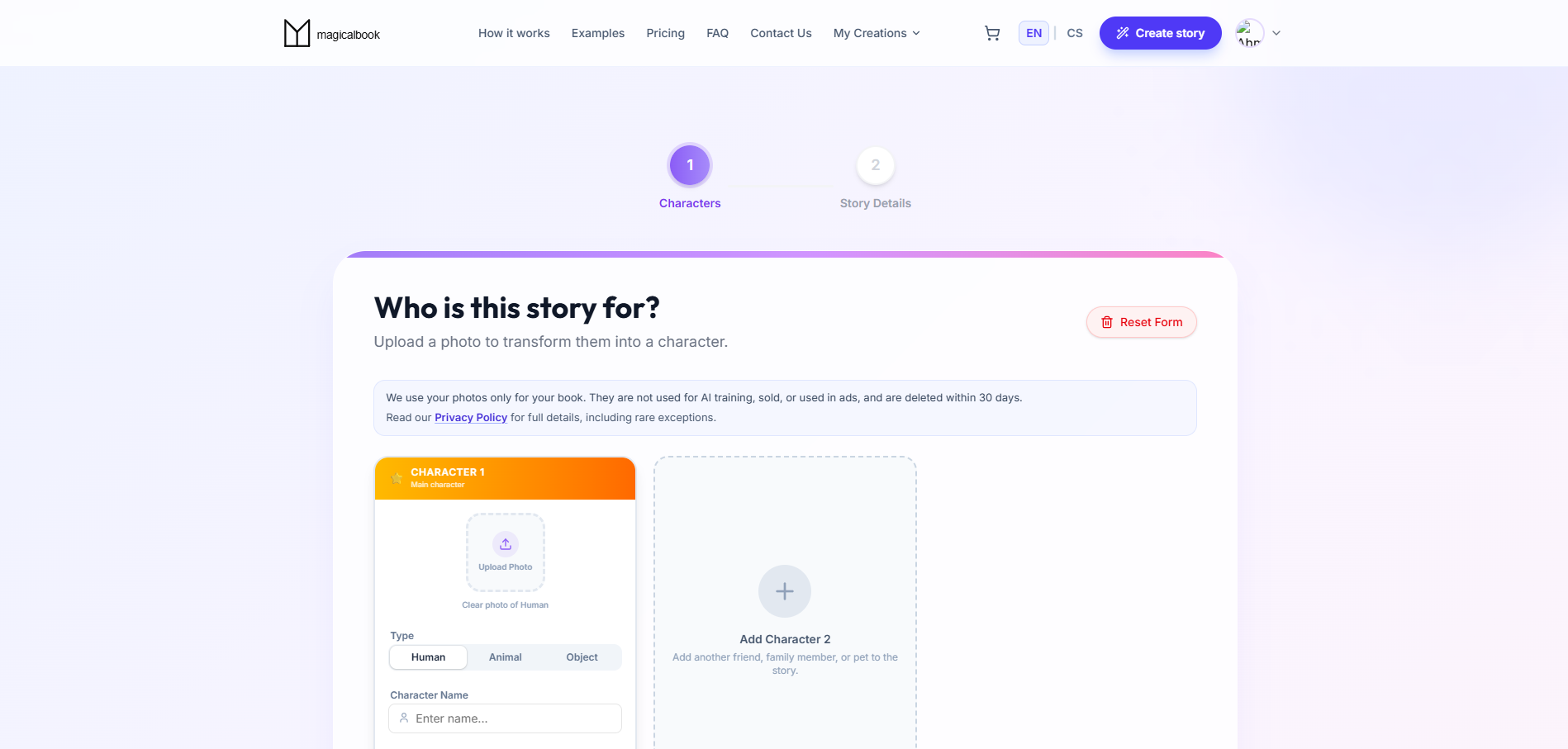 MagicalBook character step: photo upload with plain-language photo handling terms