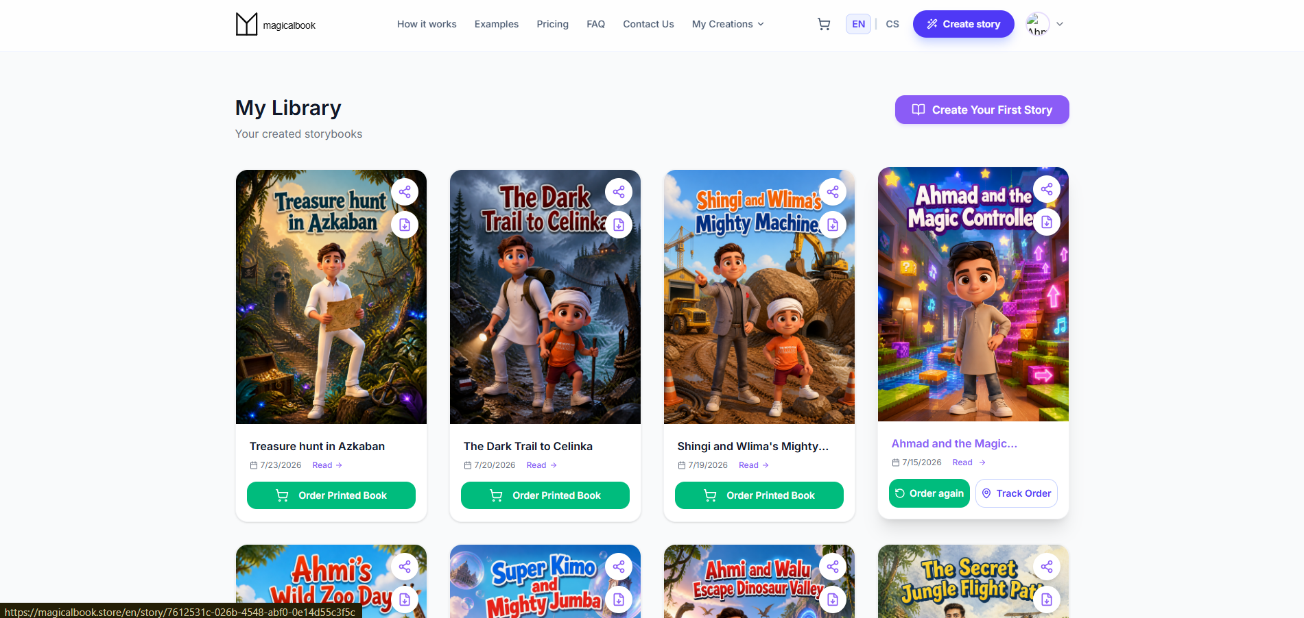 MagicalBook customer library of created storybooks with reorder and tracking actions