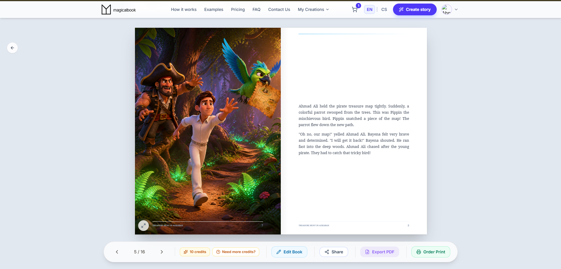 MagicalBook reader showing a generated spread with edit, share, export and print actions