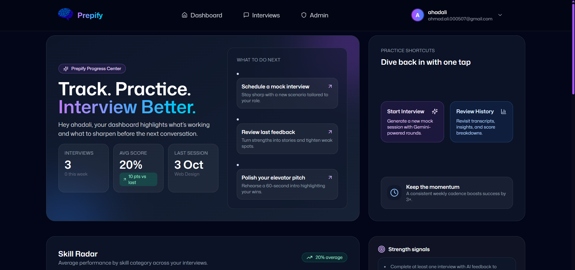 Prepify user dashboard with skill radar and upcoming actions
