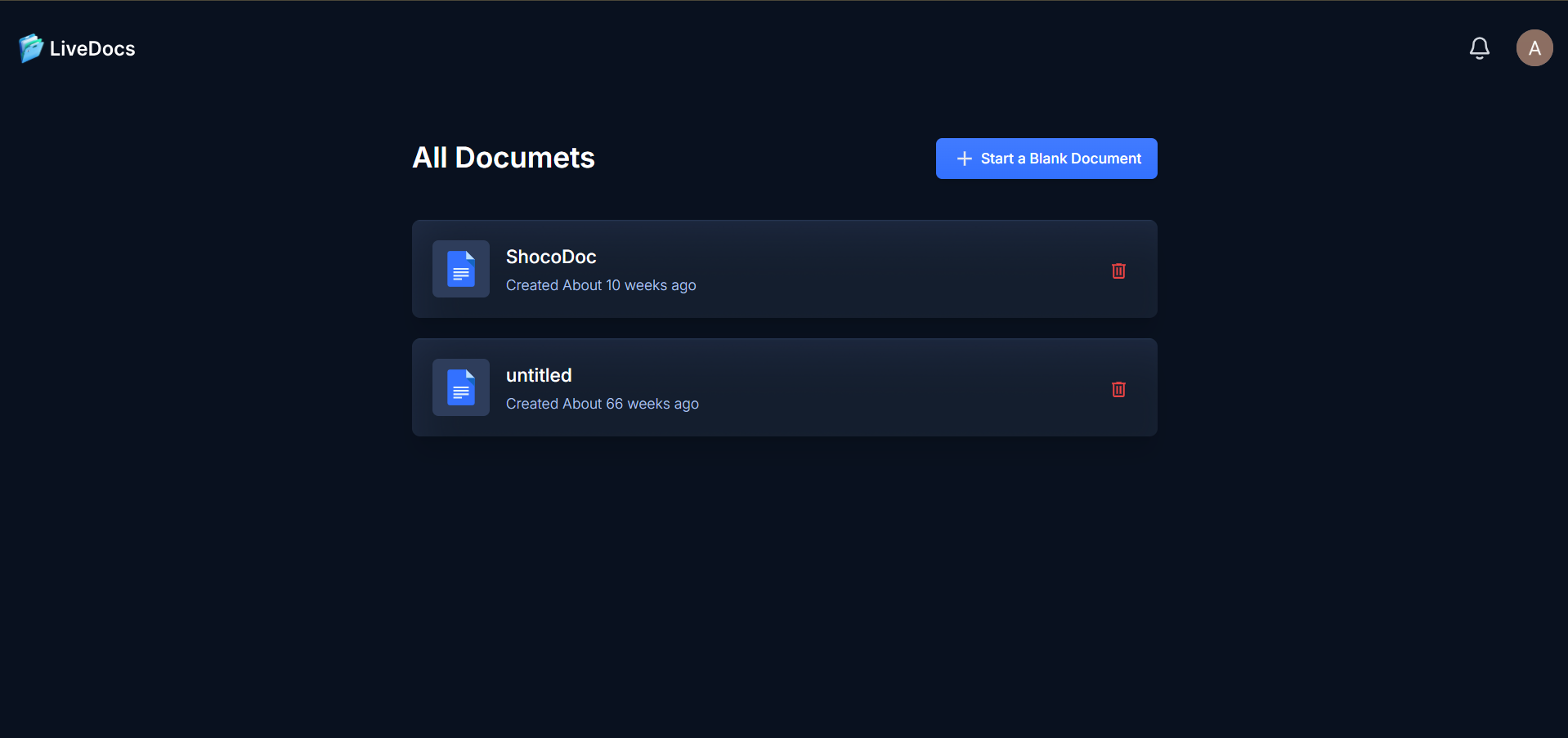ShocoDoc document dashboard listing all documents with a blank document action