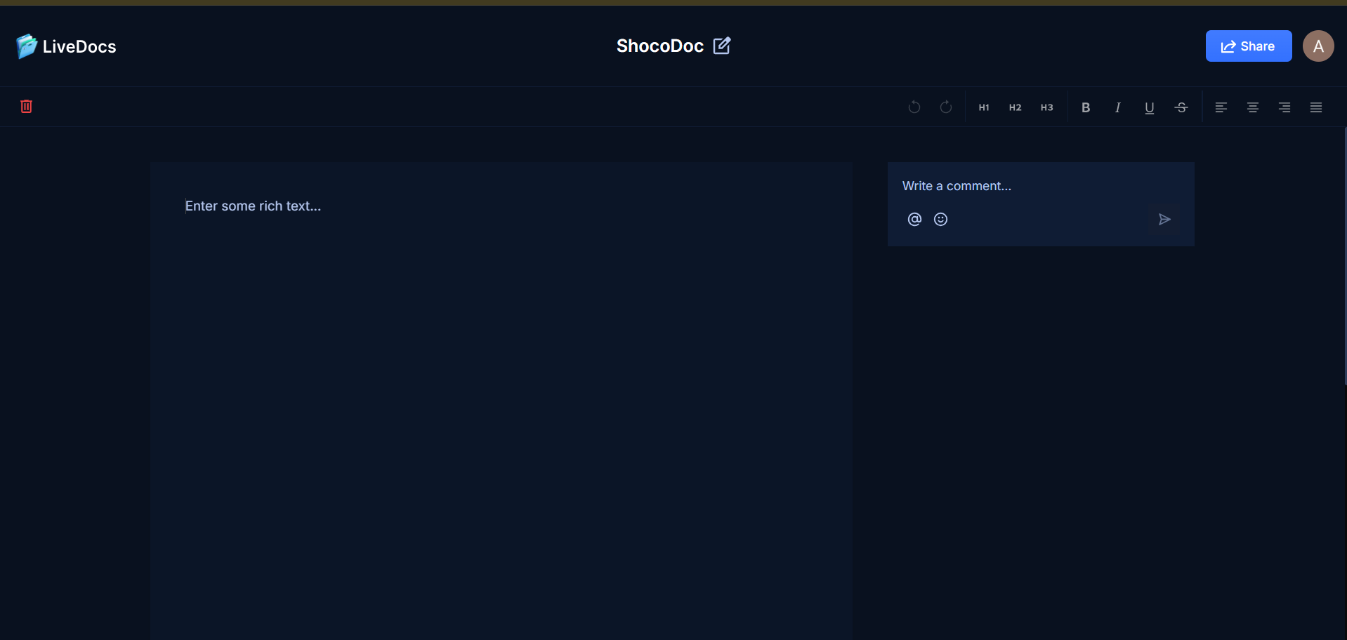 ShocoDoc editor in its empty state with formatting controls and comment panel